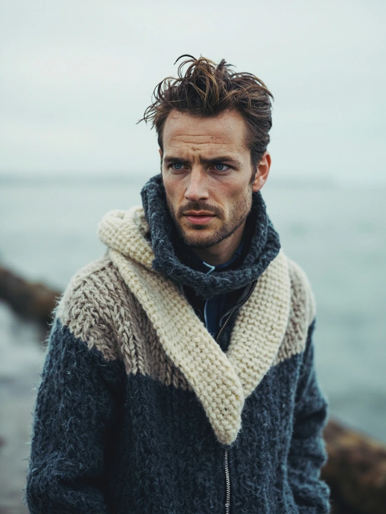 A weathered hand holding a heavy oatmeal-coloured Norwegian fisherman sweater against a slate pier, North Atlantic light