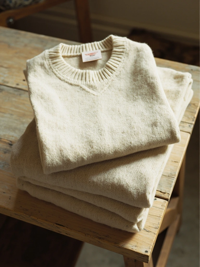 Stack of folded oatmeal knitwear on a worn wooden bench
