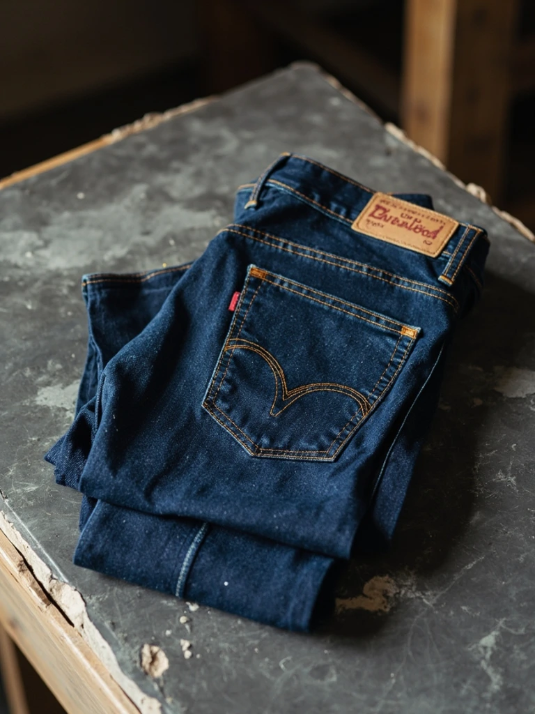 Indigo denim folded on a stone slab in a workshop