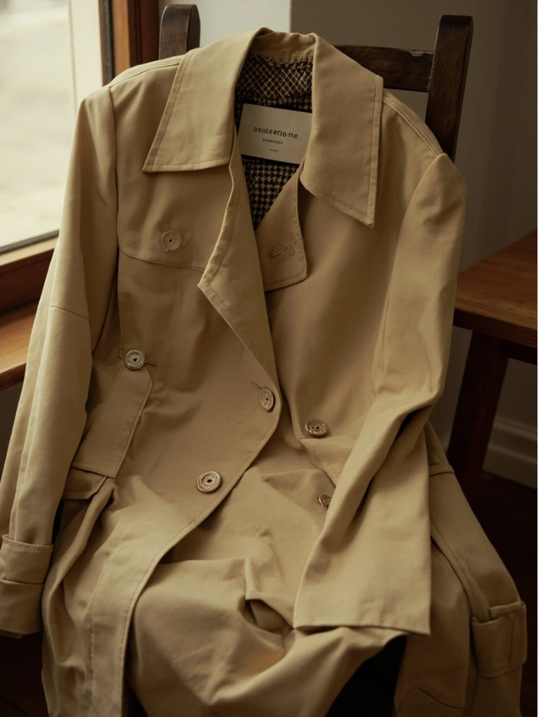 Vintage Burberry trench coat draped over a wooden chair